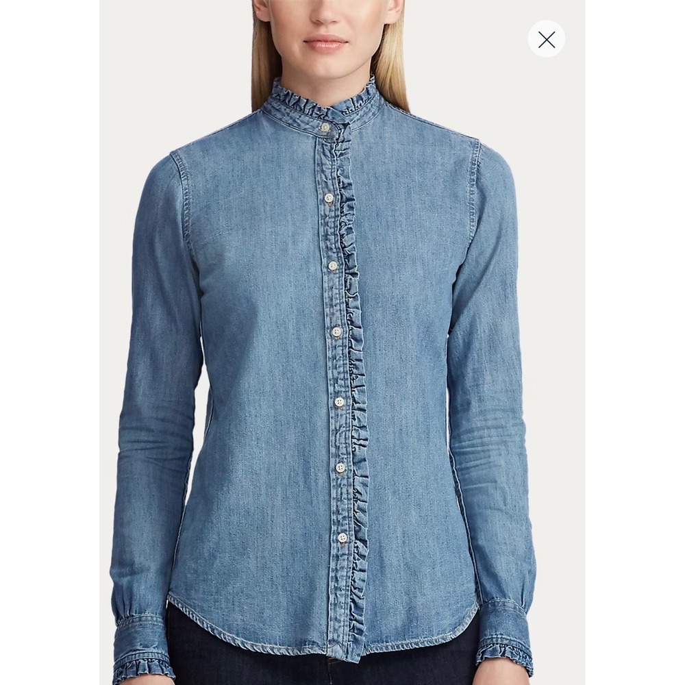 Lauren Ralph Lauren Blue Ruffle Trim Button Down Shirt Light Wash XL